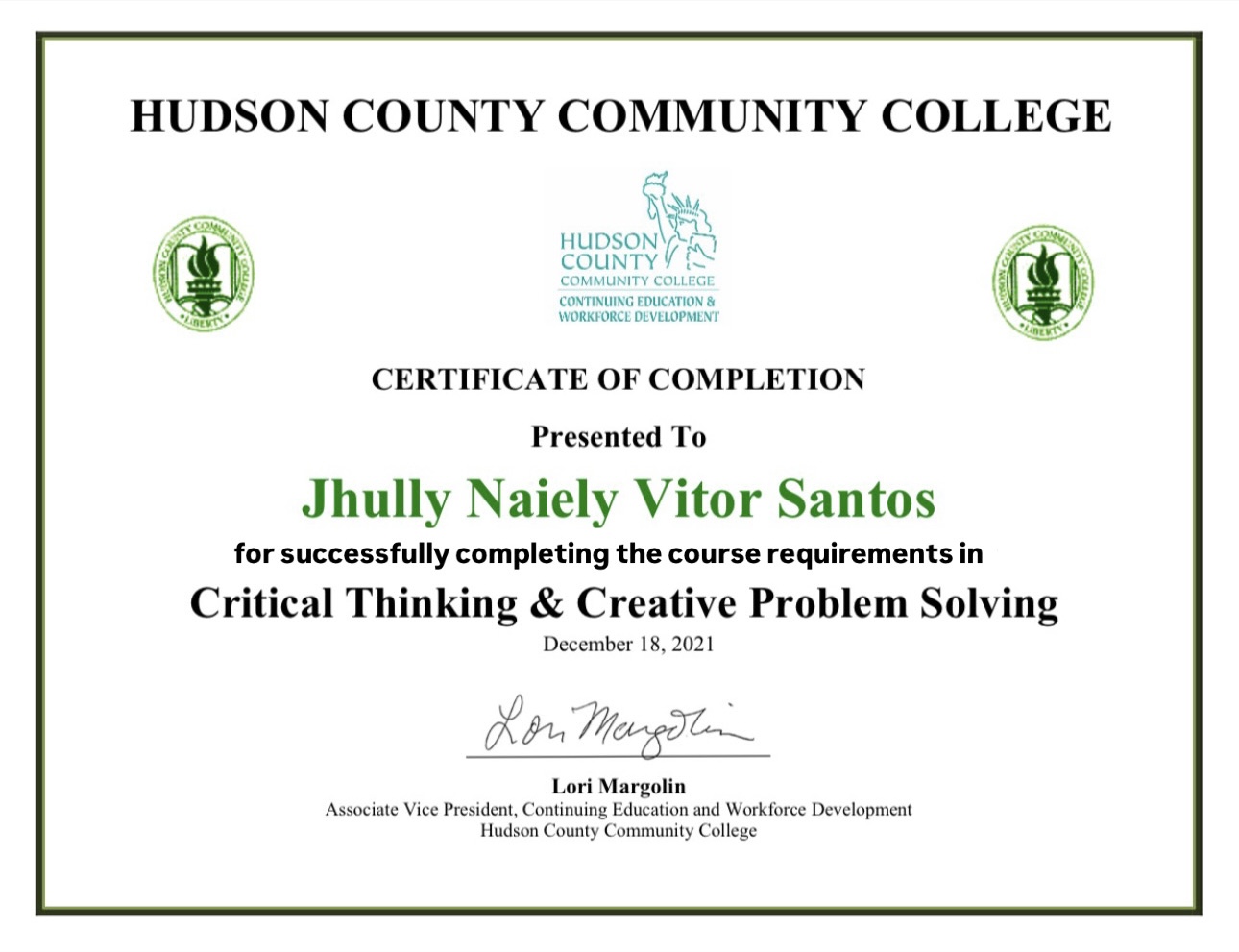 Certificado Critical Thinking & Creative Problem Solving — Hudson County Community College